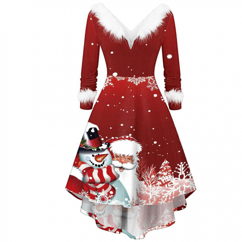 Christmas Women Xmas Fuzzy V Neck Long Sleeve A Line Dress