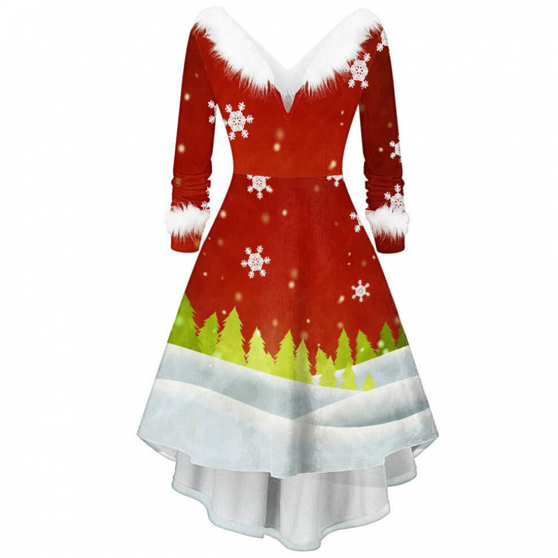 Christmas Women Xmas Fuzzy V Neck Long Sleeve A Line Dress