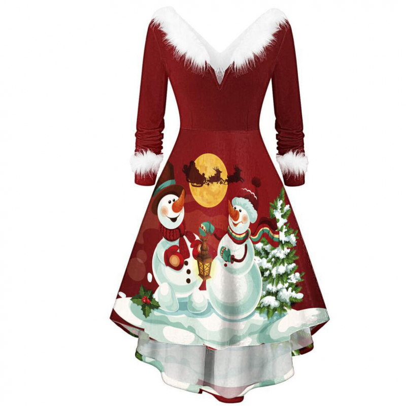 Christmas Women Xmas Fuzzy V Neck Long Sleeve A Line Dress