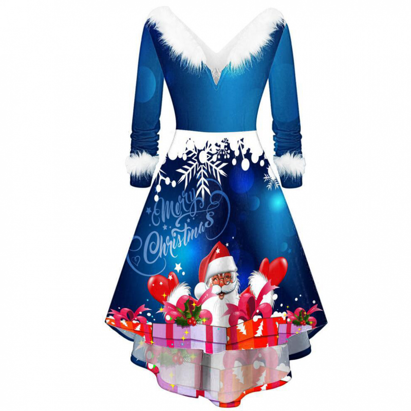 Christmas Women Xmas Fuzzy V Neck Long Sleeve A Line Dress