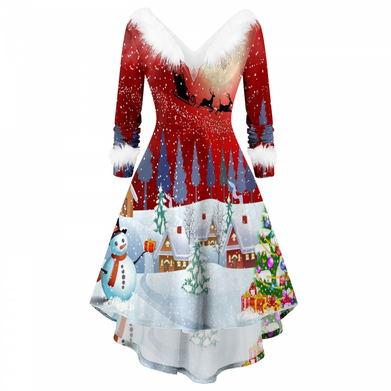 Christmas Women Xmas Fuzzy V Neck Long Sleeve A Line Dress