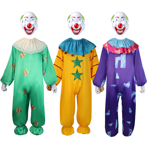 Clown Cosplay Costume Adult Jumpsuit Red Nose Mask Halloween Funny Facepiece