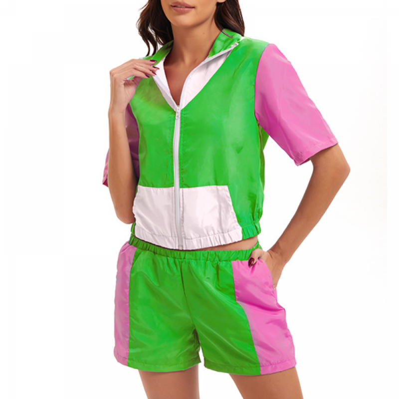 Color Block 2 Piece Short Sleeve Zip Front Elastic Waist Tracksuit Set