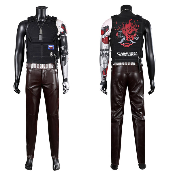 Cyberpunk 2077 Johnny Silverhand Cosplay Costume Vest Leather Pants Silver Necklace Black Uniform Set