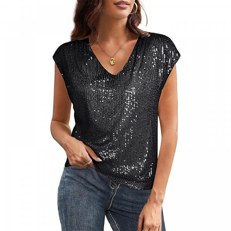 Female Sparkly Club Cocktail Party V Neck Glitter Sequin Tank