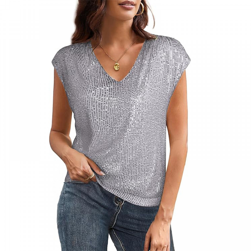 Female Sparkly Club Cocktail Party V Neck Glitter Sequin Tank