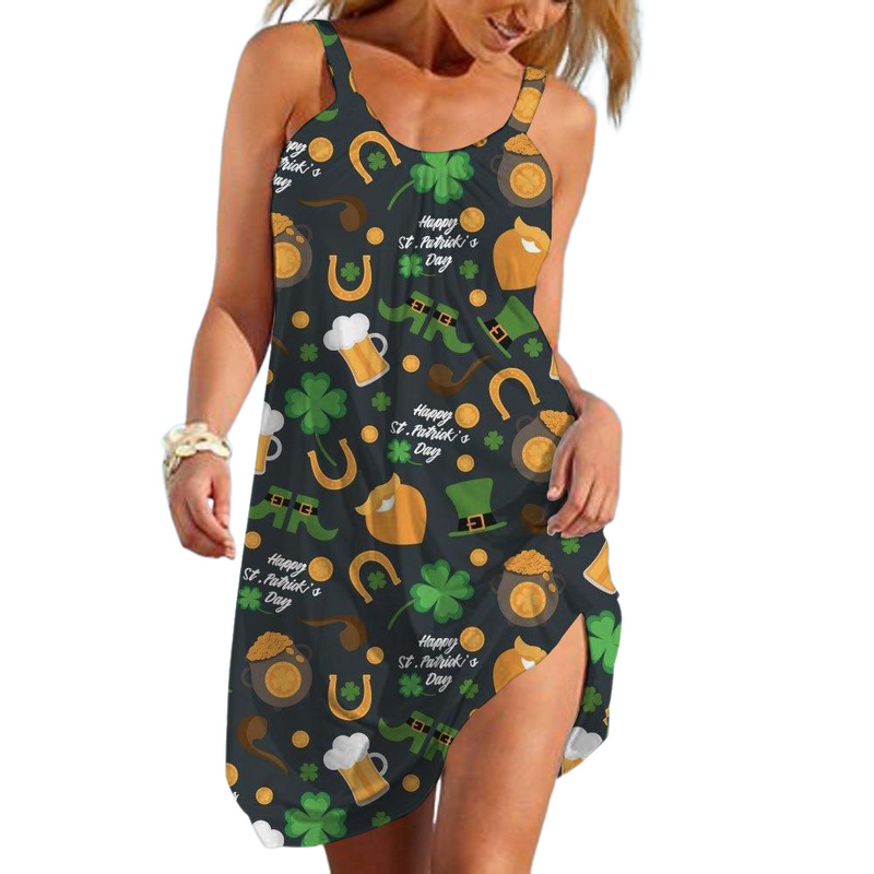 Female St Patricks Day Print Suspender Dress Clover Sleeveless Gown