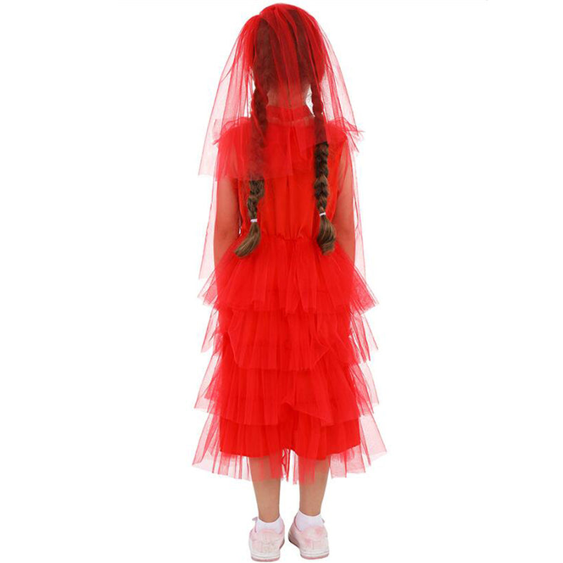 Film Beetlejuice Lydia Kid Cosplay Costume Red Necklace Dress Veil