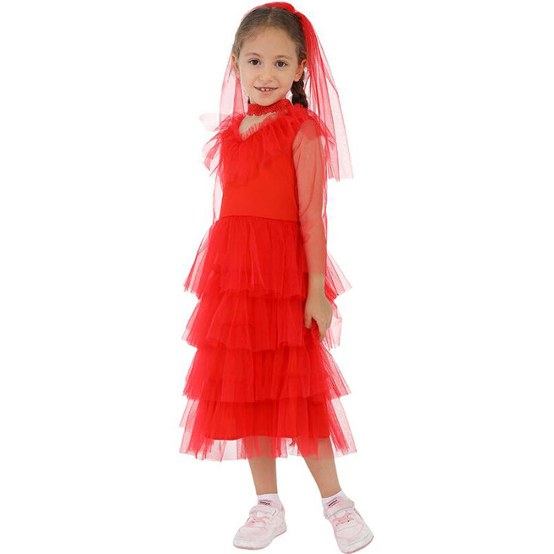 Film Beetlejuice Lydia Kid Cosplay Costume Red Necklace Dress Veil