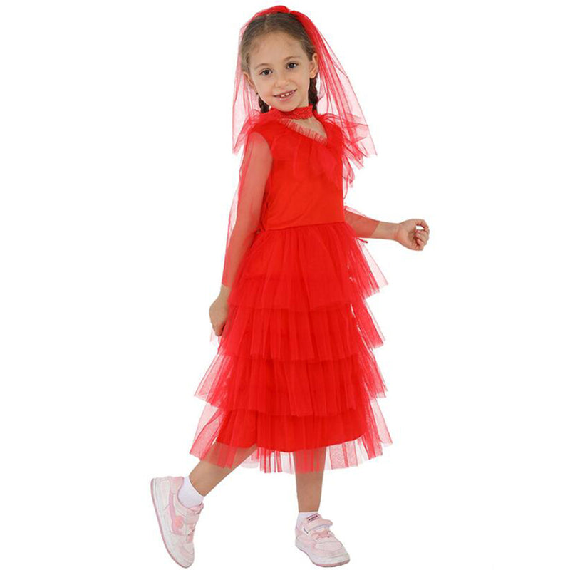 Film Beetlejuice Lydia Kid Cosplay Costume Red Necklace Dress Veil