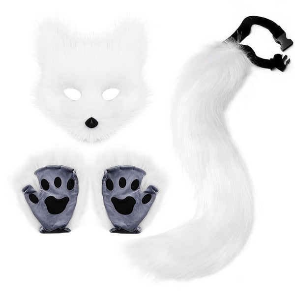 Fox Mask Gloves Cosplay Costume Furry Simulation Halloween Beast Tail Set