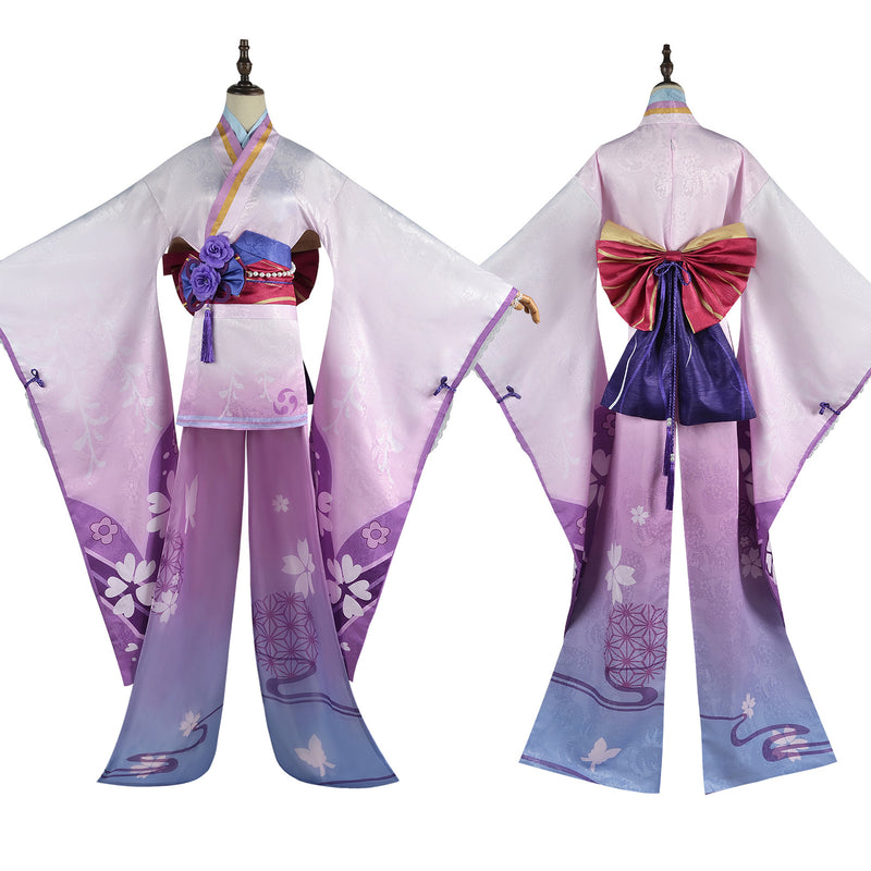 Game Genshin Impact Raiden Shogun Pink Kimono Dress Suit Robe Halloween Clothes with Wig