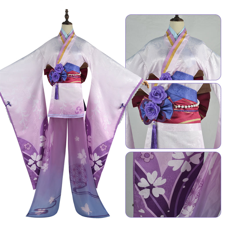 Game Genshin Impact Raiden Shogun Pink Kimono Dress Suit Robe Halloween Clothes with Wig