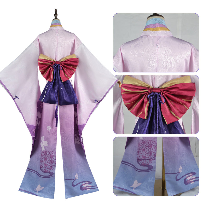 Game Genshin Impact Raiden Shogun Pink Kimono Dress Suit Robe Halloween Clothes with Wig