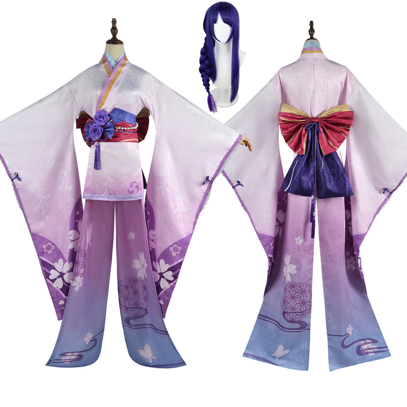 Game Genshin Impact Raiden Shogun Pink Kimono Dress Suit Robe Halloween Clothes with Wig