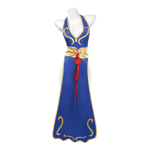 Game Street Fighter Chun Li Cosplay Sexy Backless Blue Dress