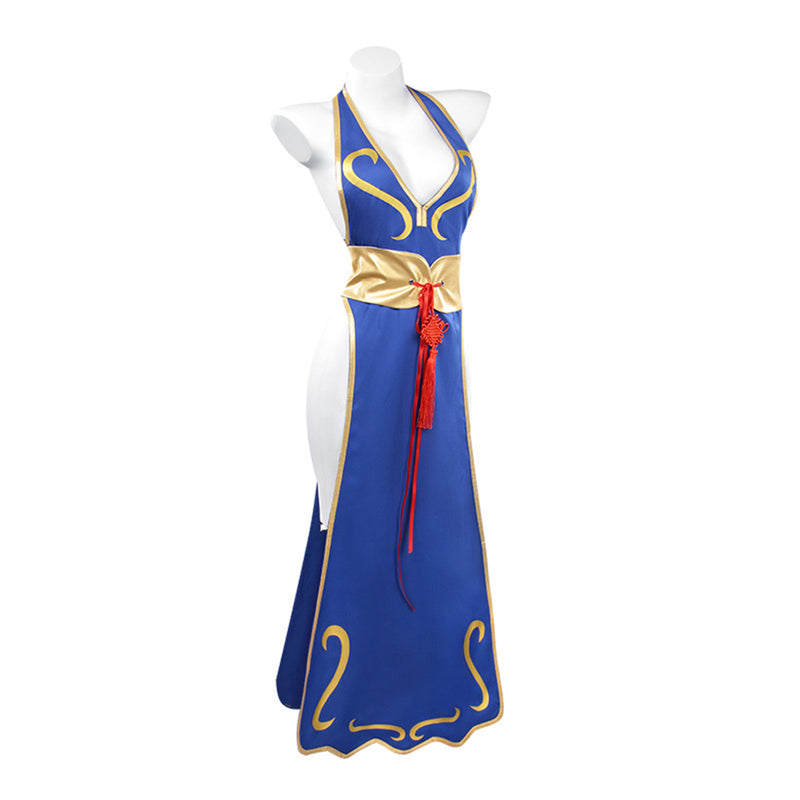 Game Street Fighter Chun Li Cosplay Sexy Backless Blue Dress