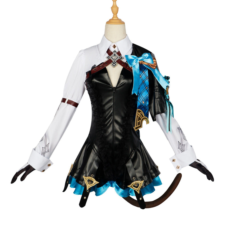 AwwwCos Genshin Impact Lynette Cosplay Costume Fontaine Lyney Leather Dress Magician Halloween Uniform Outfit Ears Skirt Glove Tail