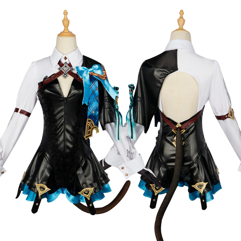 AwwwCos Genshin Impact Lynette Cosplay Costume Fontaine Lyney Leather Dress Magician Halloween Uniform Outfit Ears Skirt Glove Tail