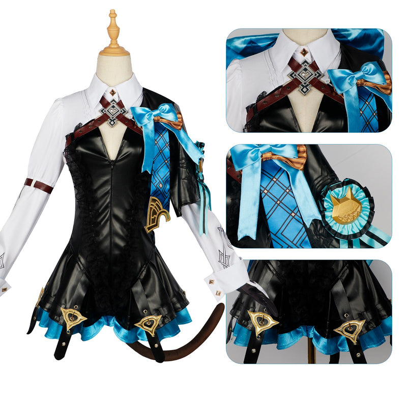 AwwwCos Genshin Impact Lynette Cosplay Costume Fontaine Lyney Leather Dress Magician Halloween Uniform Outfit Ears Skirt Glove Tail