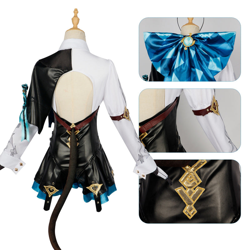 AwwwCos Genshin Impact Lynette Cosplay Costume Fontaine Lyney Leather Dress Magician Halloween Uniform Outfit Ears Skirt Glove Tail