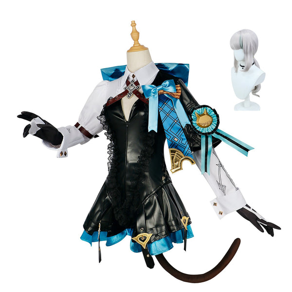 AwwwCos Genshin Impact Lynette Cosplay Costume Fontaine Lyney Leather Dress Magician Halloween Uniform Outfit Ears Skirt Glove Tail