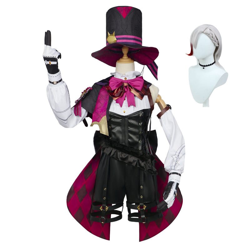 AwwwCos Genshin Impact Lyney Lynette Cosplay Costume Fontaine Twins Magician Suit Halloween Carnival Outfit with Hat and Wig