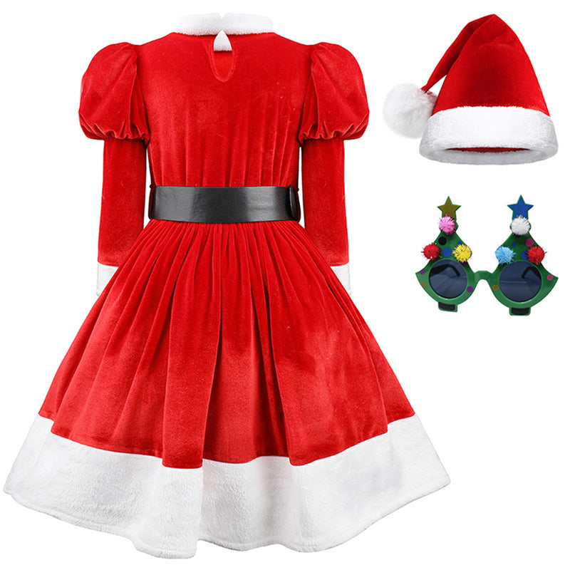 Girl Christmas Santa Claus Dress Red Velvet Dress with Glasses