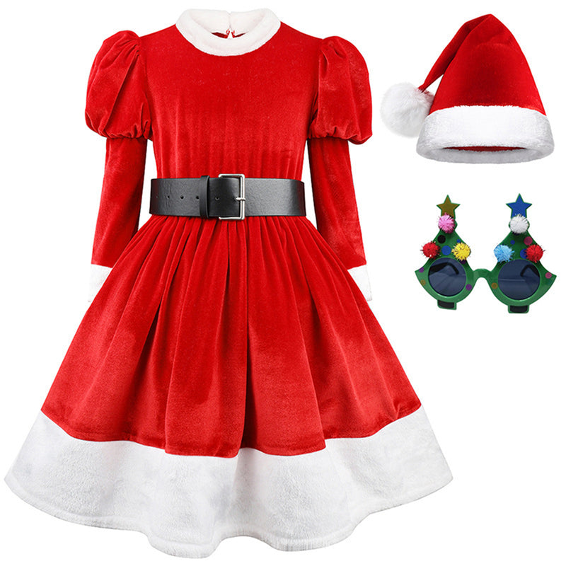 Girl Christmas Santa Claus Dress Red Velvet Dress with Glasses