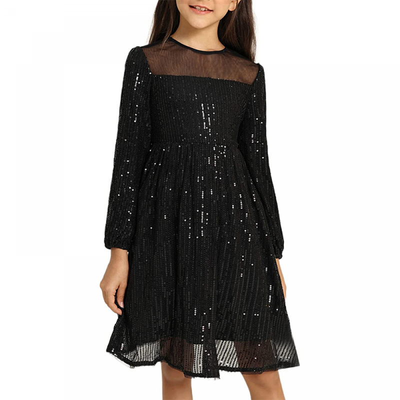 Kid Girl Long Sleeve A-Line Sequin Dress Party Sparkle Gown