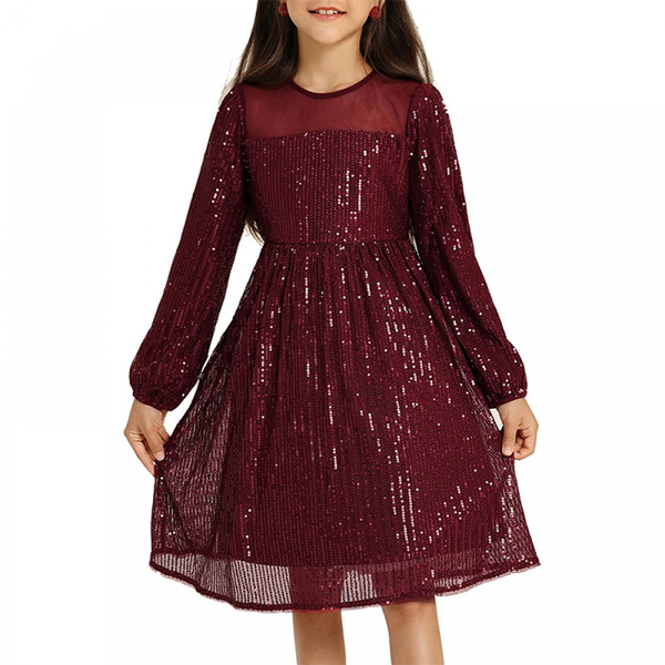 Kid Girl Long Sleeve A-Line Sequin Dress Party Sparkle Gown