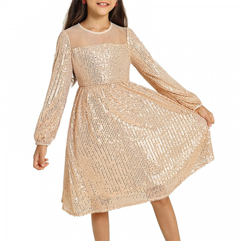 Kid Girl Long Sleeve A-Line Sequin Dress Party Sparkle Gown