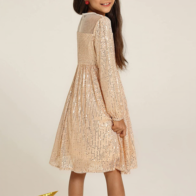 Kid Girl Long Sleeve A-Line Sequin Dress Party Sparkle Gown