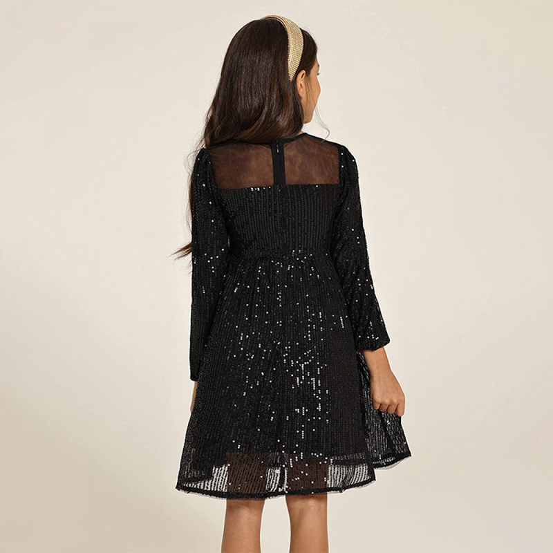 Kid Girl Long Sleeve A-Line Sequin Dress Party Sparkle Gown