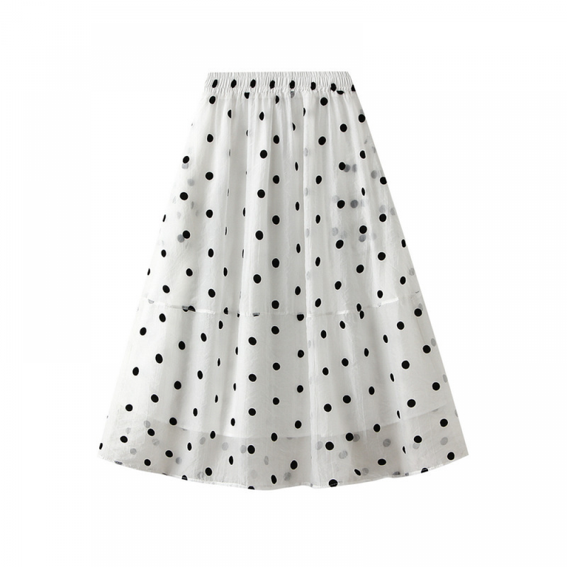 Girl Summer Mesh Polka Dot Print Knee Length Elegant Midi Skirts