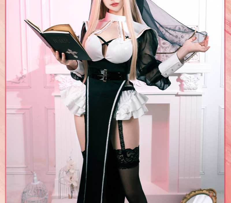 Halloween Adult Women Scary Nun Cosplay Costume Black Dress