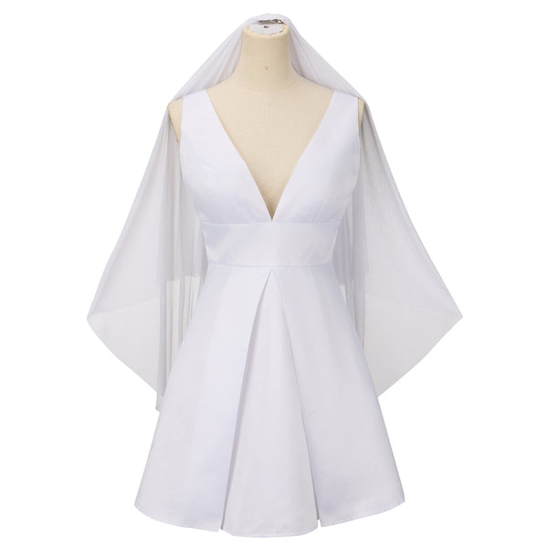 Joker 2 Harley Quinn Wedding Dress Cosplay Costume White Sexy V-Neck Frock with Headband