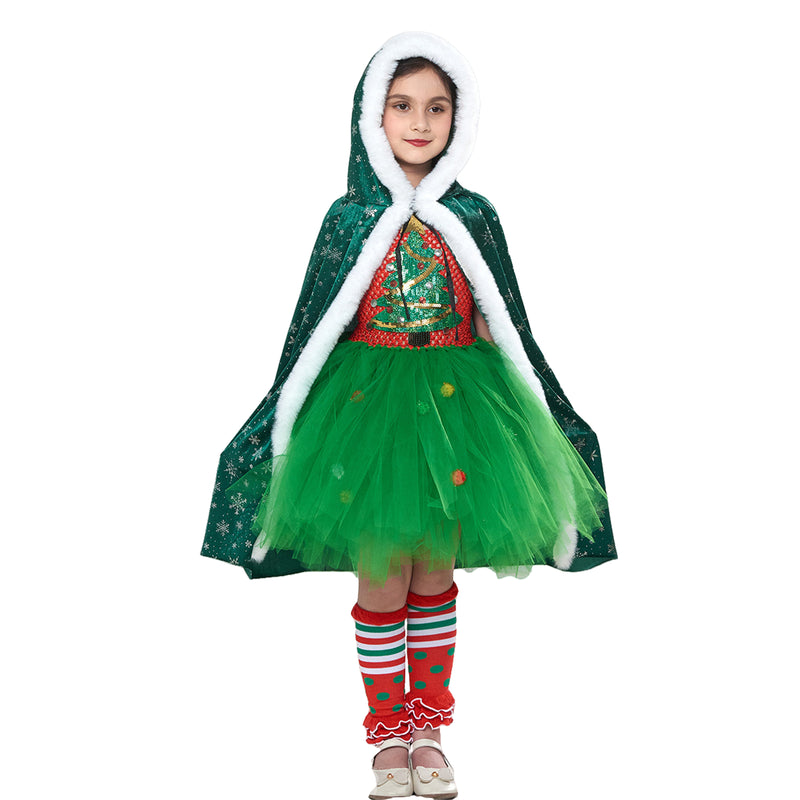 Kid Christmas Tree Applique Green Cloak Mesh Dress Cosplay Costume