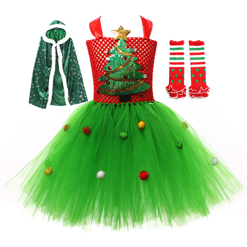 Kid Christmas Tree Applique Green Cloak Mesh Dress Cosplay Costume