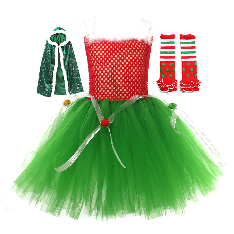 Kid Christmas Tree Applique Green Cloak Mesh Dress Cosplay Costume