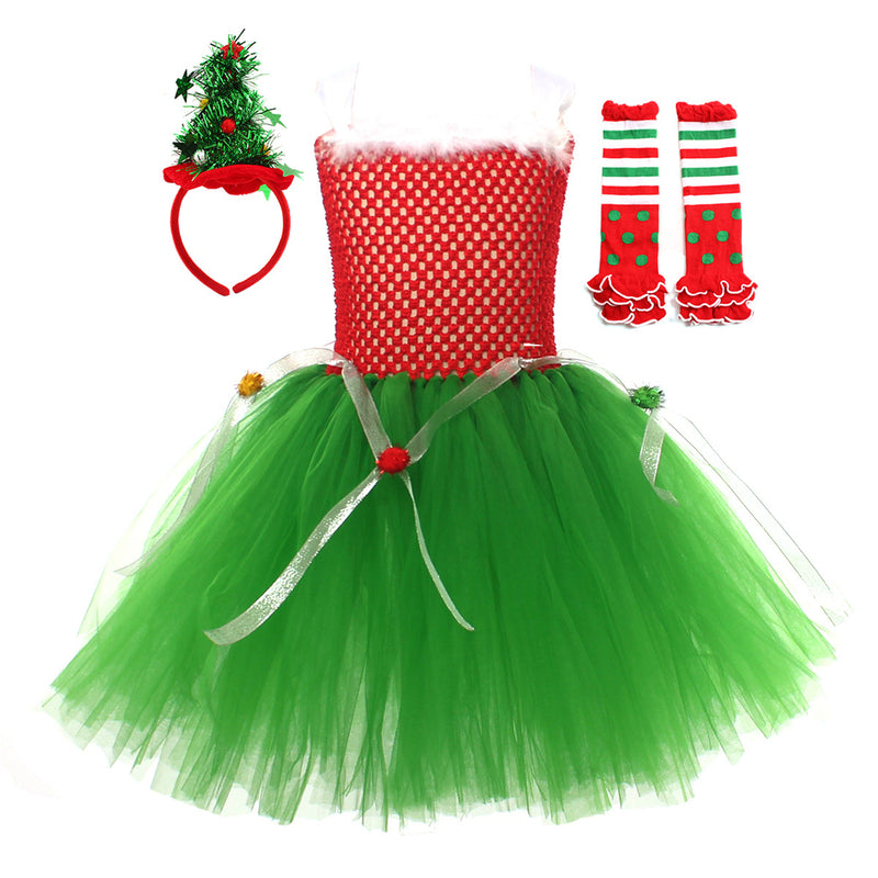 Kid Christmas Tree Applique Green Cloak Mesh Dress Cosplay Costume