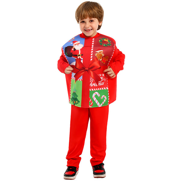 Kids Christmas Gift Box Cosplay Costume Printed Vest Red Jumpsuit