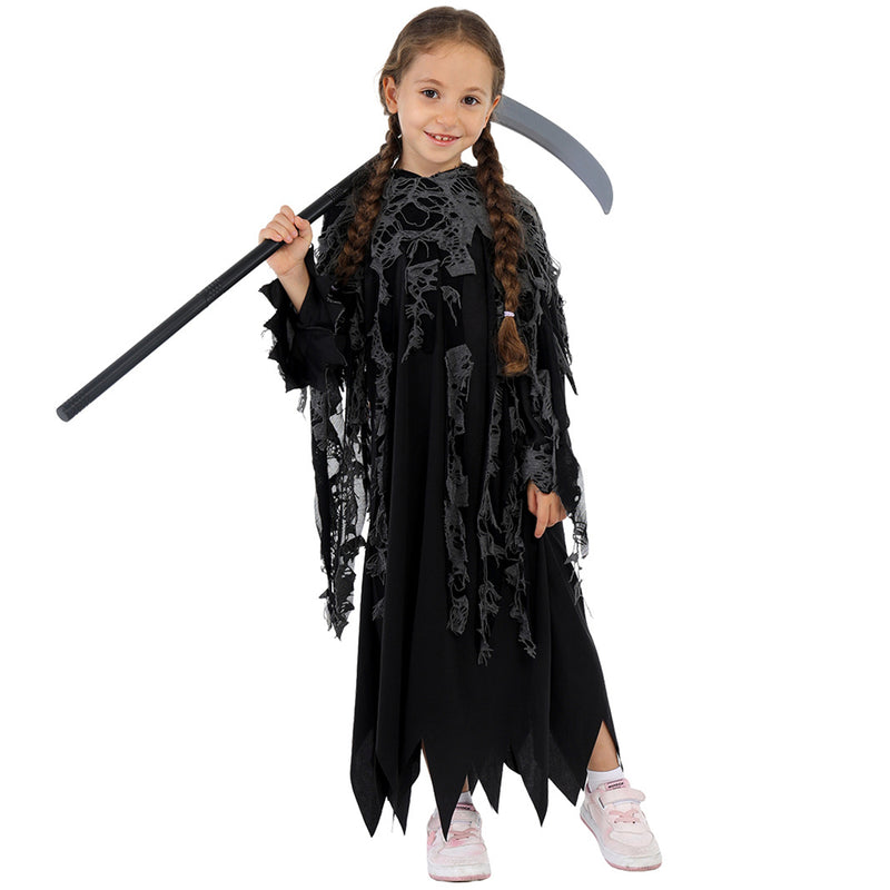 Kids Grim Spider Web Reaper Cosplay Costume Bell Sleeve Dress