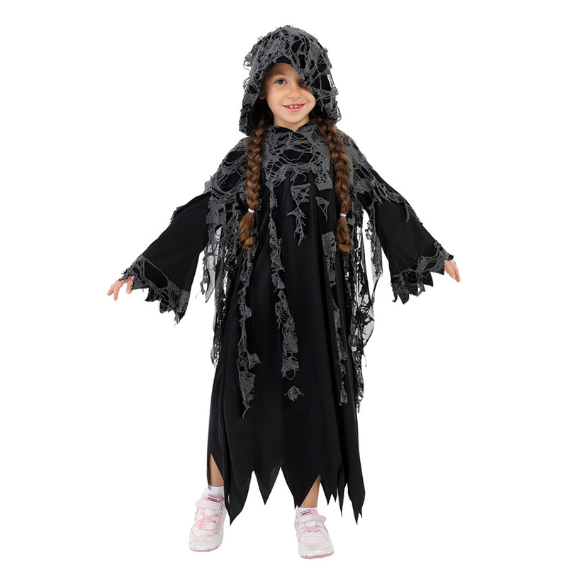 Kids Grim Spider Web Reaper Cosplay Costume Bell Sleeve Dress