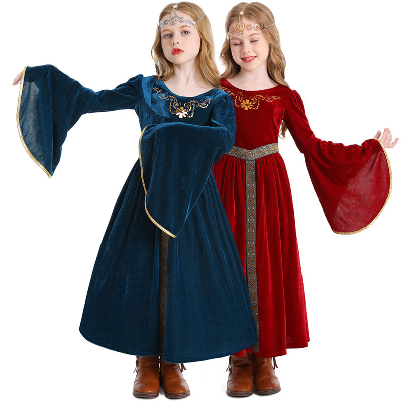 Kids Retro A Line Bell Sleeves Medieval Aulic Dress Headgear