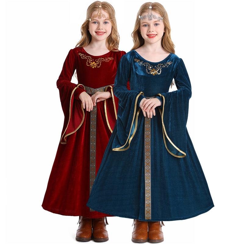 Kids Retro A Line Bell Sleeves Medieval Aulic Dress Headgear