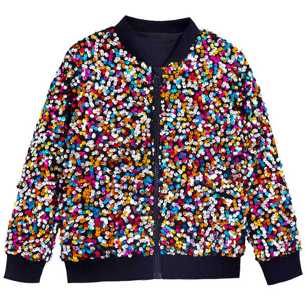 Kids Ribbed Cuffs Sequin Jacket Glitter Zipper Gradient Bomber Coat