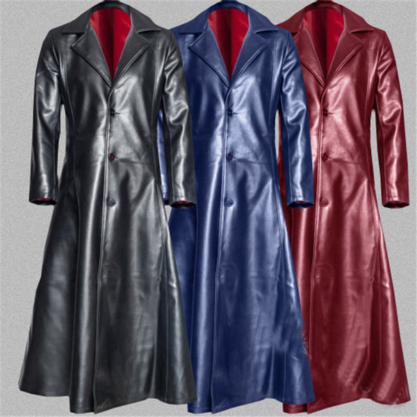 Male Retro Faux Leather Vintage Trench Steampunk Gothic Overcoat