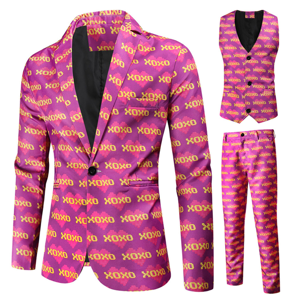 Male Valentine's Day Slim Fit Suit 3 Piece One Button Printed Uniform