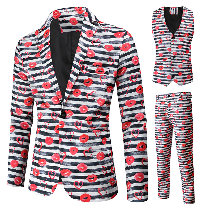 Male Valentine's Day Slim Fit Suit 3 Piece One Button Printed Uniform